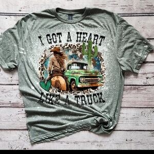 Green Graphic T-Shirt with Truck and Cowboy Design